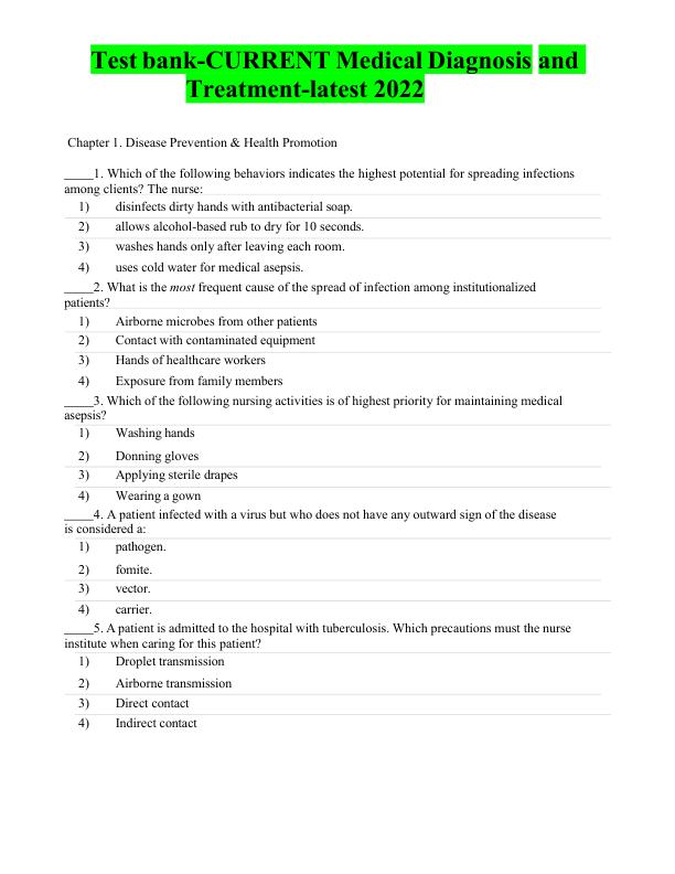 Test Bank for CURRENT Medical Diagnosis and Treatment 2022 | Latest Questions & Verified Answers | Complete Exam Preparation Guide