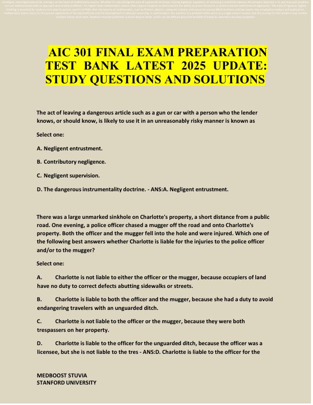 AIC 301 FINAL EXAM PREPARATION TEST BANK LATEST 2025 UPDATE STUDY QUESTIONS AND SOLUTION