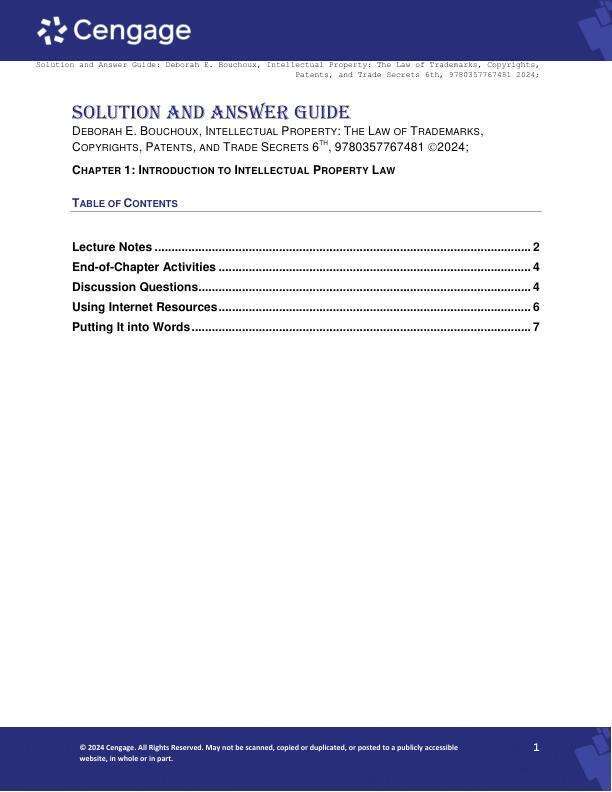 Solution Manual For Intellectual Property The Law of Trademarks, Copyrights, Patents, and Trade Secrets, 6th Edition by Deborah E. Bouchoux Chapter 1-24