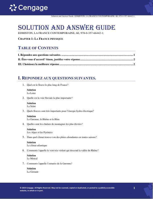 Solution Manual For La France contemporaine 6th Edition by William Edmiston, Annie Duménil Chapter 1-16