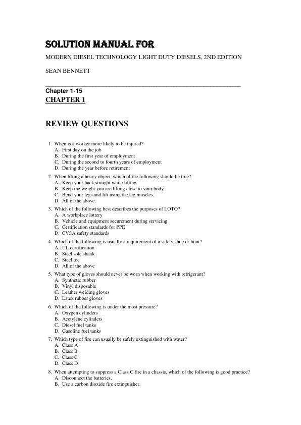 Solution Manual For Modern Diesel Technology Light Duty Diesels, 2nd Edition by Sean Bennett Chapter 1-15