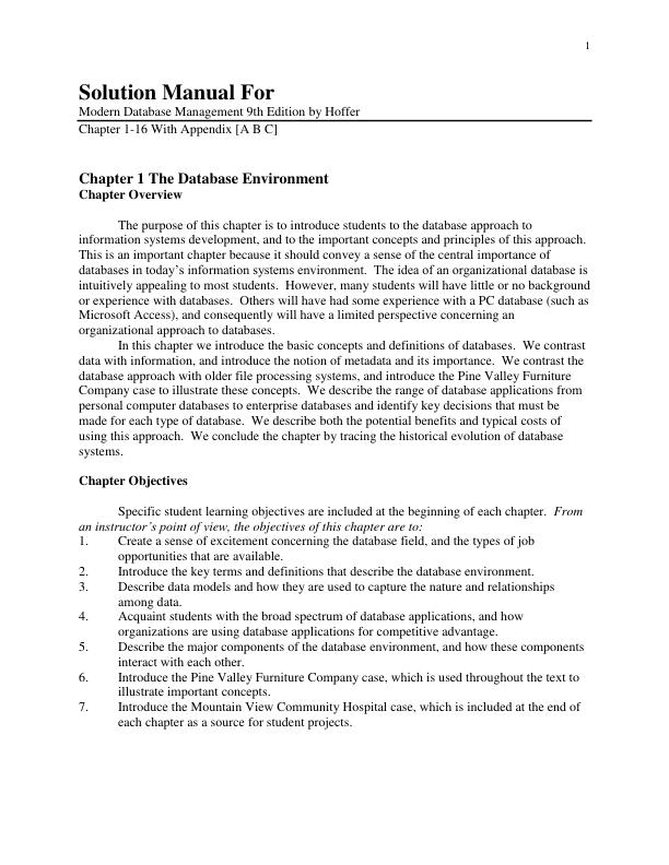 Solution Manual For Modern Database Management 9th Edition by Hoffer Chapter 1-16 | With Appendix [A B C]