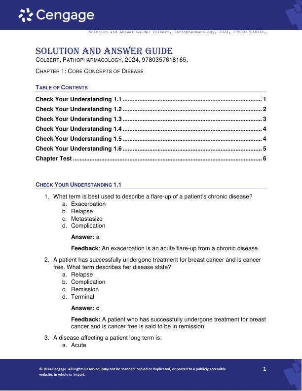 Solution Manual for Pathopharmacology 2nd Edition by Bruce Colbert, Kurtis Pierce Chapter 1-15