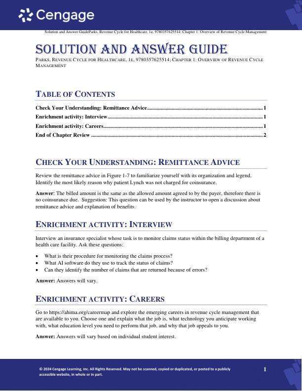 Solution Manual For Revenue Cycle for Healthcare 1st Edition by Linda Parks Chapter 1-12