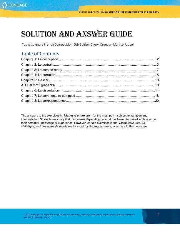 Solution Manual For Taches d'encre French Composition, 5th Edition by Cheryl Krueger, Maryse Fauvel