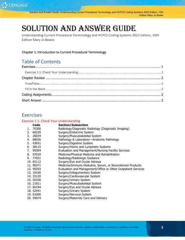 Solution Manual For Understanding Current Procedural Terminology and HCPCS Coding Systems 2023 Edition, 10th Edition by Mary Jo Bowie