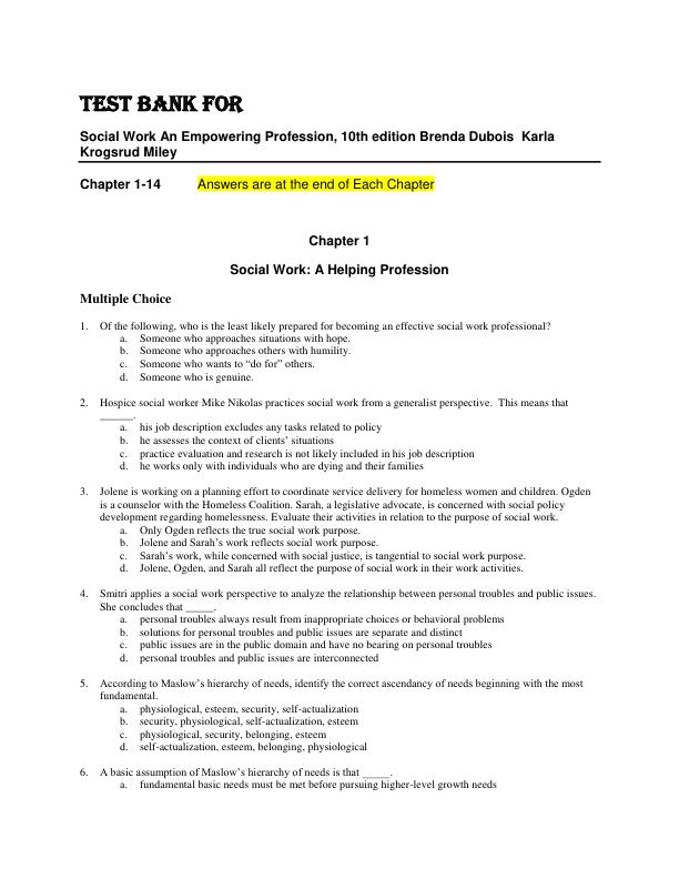 Test Bank for Social Work An Empowering Profession, 10th edition Brenda Dubois  Karla Krogsrud Miley Chapters 1-14