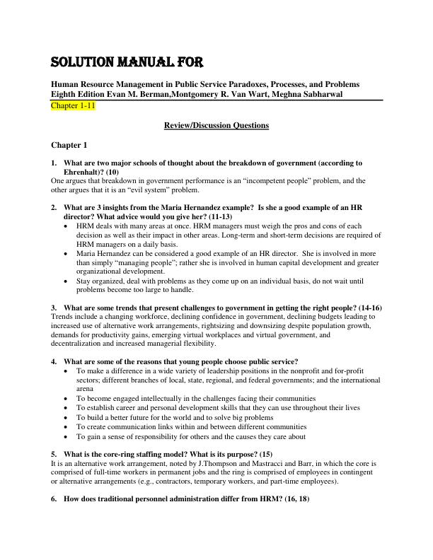 Solution Manual For Human Resource Management in Public Service Paradoxes, Processes, and Problems Eighth Edition Evan M. Berman ,Montgomery R. Van Wart, Meghna Sabharwal