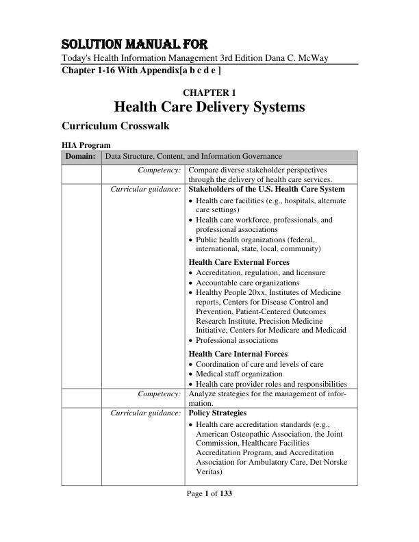 Solution Manual For Today's Health Information Management 3rd Edition by Dana C. McWay Chapter 1-16 With Appendix (a b c d e)
