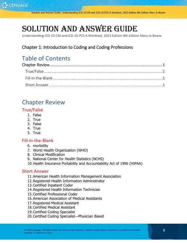 Solution Manual For Understanding ICD-10-CM and ICD-10-PCS A Worktext, 2023 Edition 8th Edition by Mary Jo Bowie Chapter 1-38