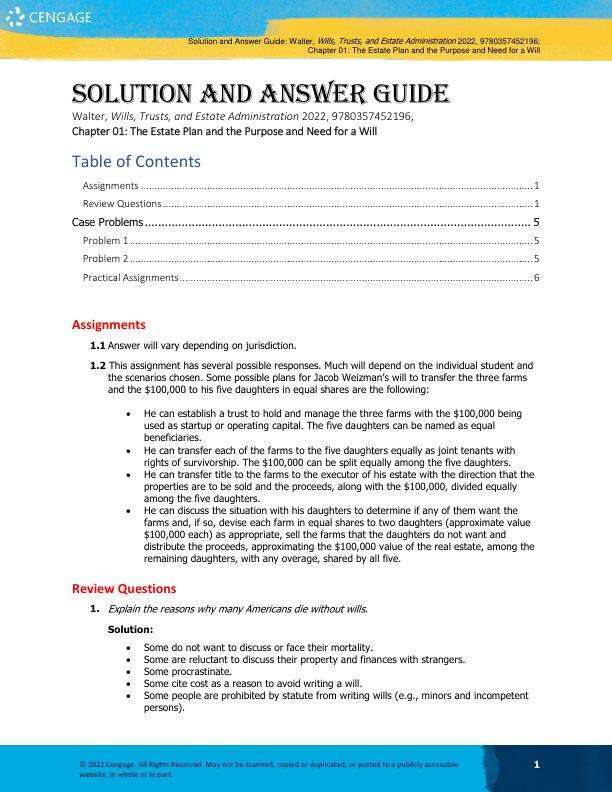 Solution Manual For Wills,Trusts, and Estate Administration 9th Edition by Janis Walter, Emma Wright Chapter 1-15