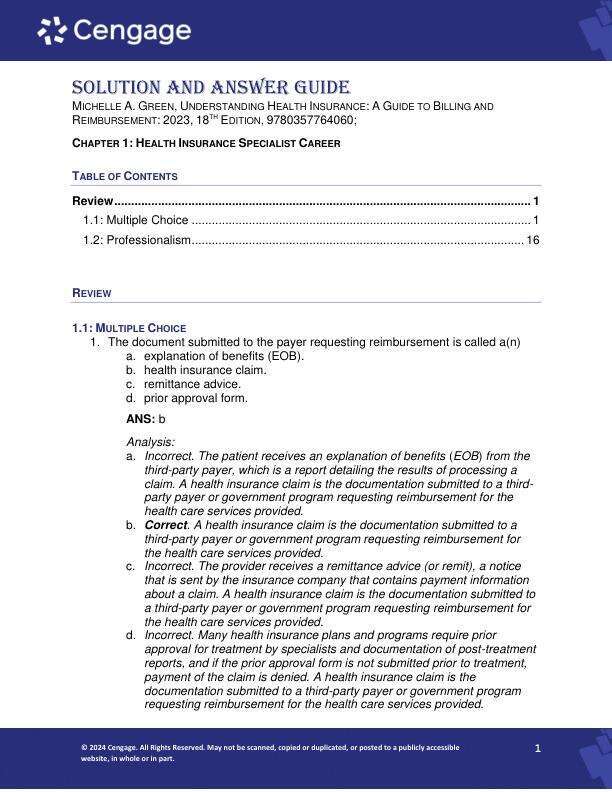 Solution Manual for Understanding Health Insurance A Guide to Billing and Reimbursement, 2023 Edition 18th Edition by Michelle Green Chapter 1-17