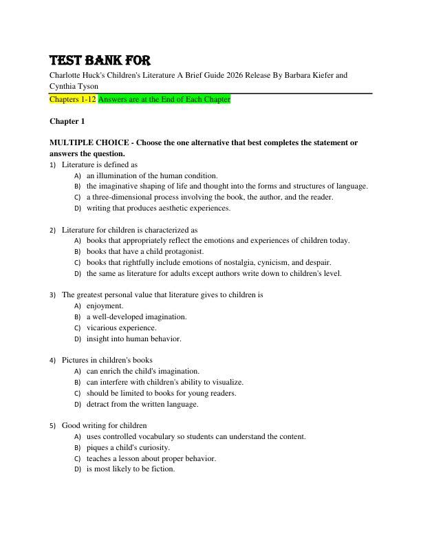 Test Bavk For  Charlotte Huck's Children's Literature A Brief Guide 2026 Release By Barbara Kiefer and Cynthia Tyson