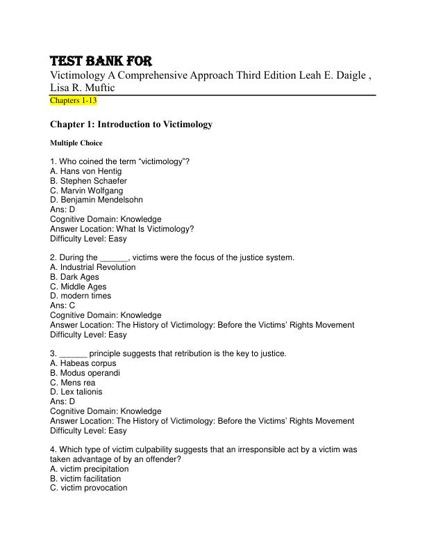 Test Bank For Victimology A Comprehensive Approach Third Edition Leah E. Daigle , Lisa R. Muftic