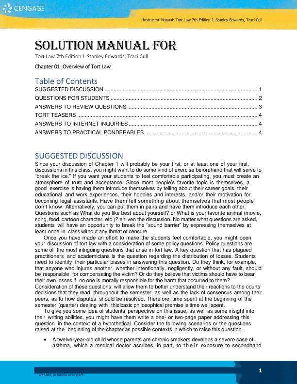 Solution Manual For Tort Law 7th Edition by J. Stanley Edwards, Traci Cull Chapter 1-19
