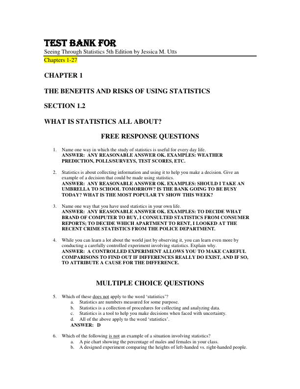 Test Bank For Seeing Through Statistics 5th Edition by Jessica M. Utts