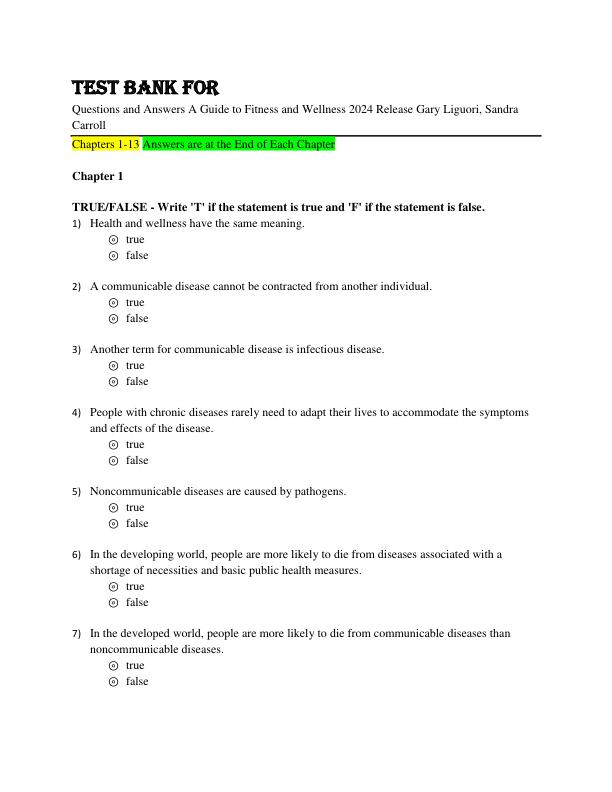 Test Bank For Questions and Answers A Guide to Fitness and Wellness 2024 Release Gary Liguori, Sandra Carroll