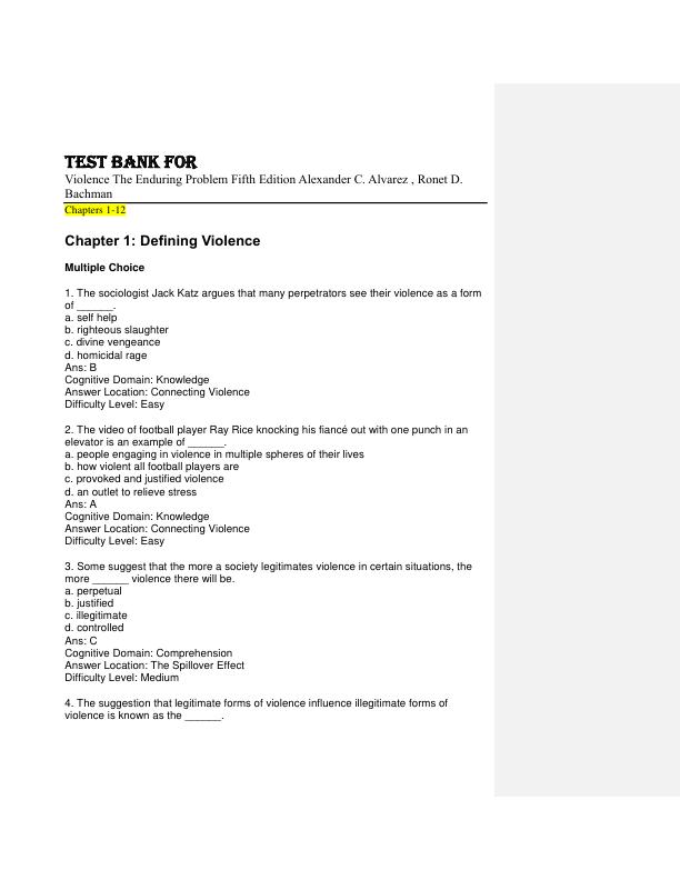 Test Bank For Violence The Enduring Problem Fifth Edition Alexander C. Alvarez , Ronet D. Bachman
