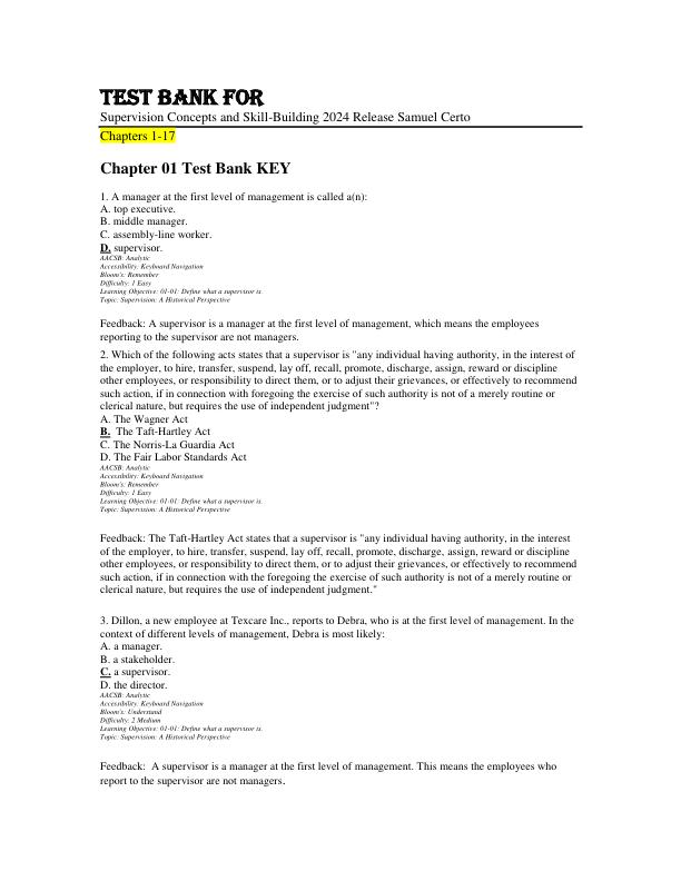 Test Bank For Supervision Concepts and Skill-Building 2024 Release Samuel Certo