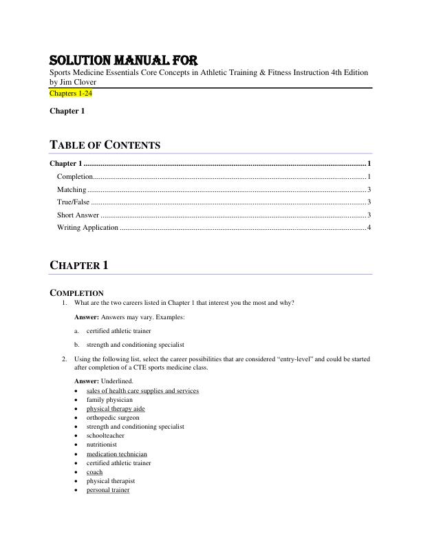 Solution Manual For Sports Medicine Essentials Core Concepts in Athletic Training & Fitness Instruction 4th Edition by Jim Clover