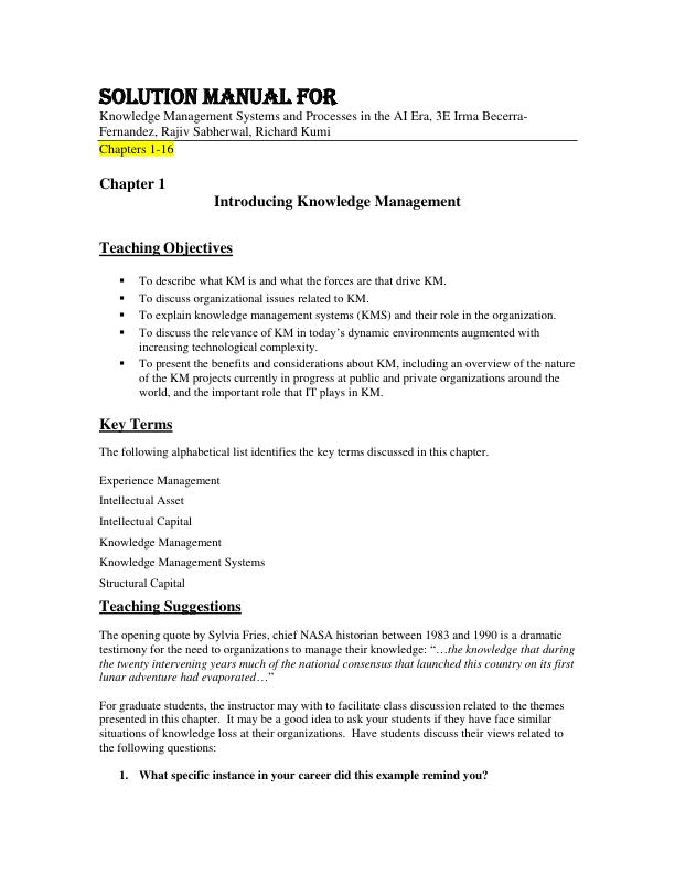 Solution Manual For Knowledge Management Systems and Processes in the AI Era, 3E Irma Becerra-Fernandez, Rajiv Sabherwal, Richard Kumi