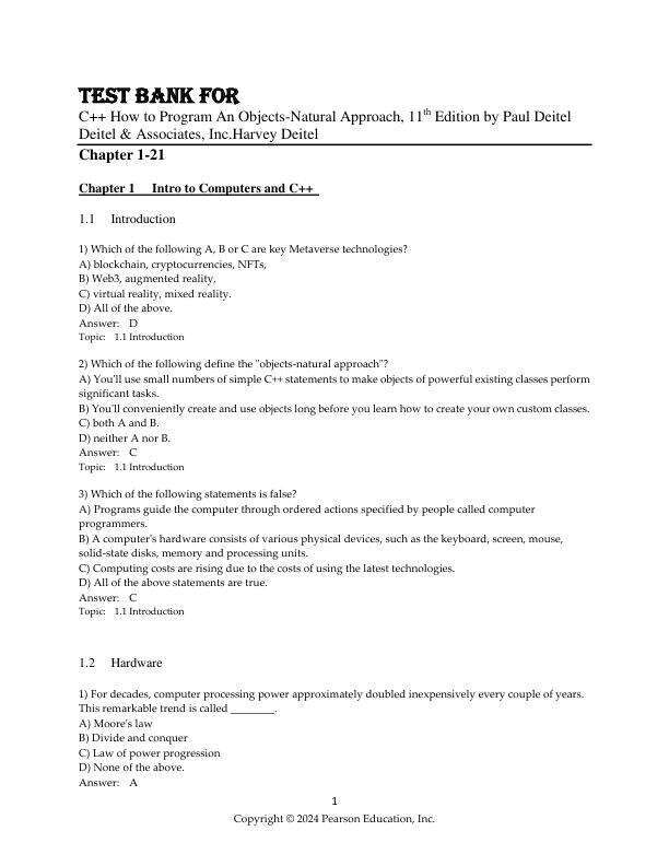 Test Bank For C++ How to Program An Objects-Natural Approach, 11th Edition by Paul Deitel Deitel & Associates, Inc.Harvey Deitel Chapter 1-21