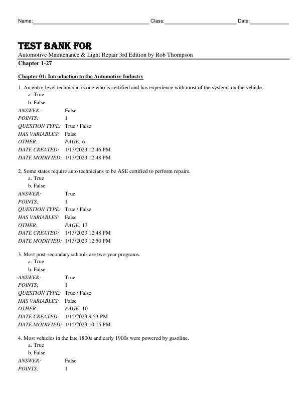 Test Bank For Automotive Maintenance & Light Repair 3rd Edition by Rob Thompson Chapter 1-27.pdf