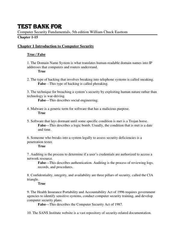 Test Bank for Computer Security Fundamentals, 5th Edition by William Chuck Easttom Chapter 1-15