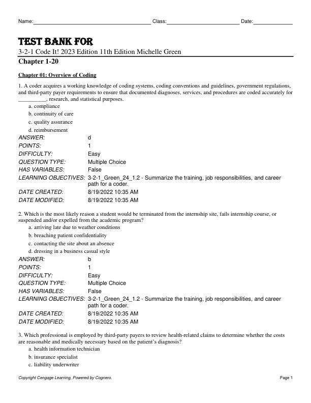 Test Bank For 3-2-1 Code It! 2023 Edition 11th Edition by Michelle Green Chapter 1-20
