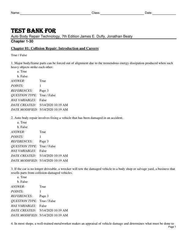 Test Bank For Auto Body Repair Technology, 7th Edition by James E. Duffy, Jonathan Beaty Chapter 1-30