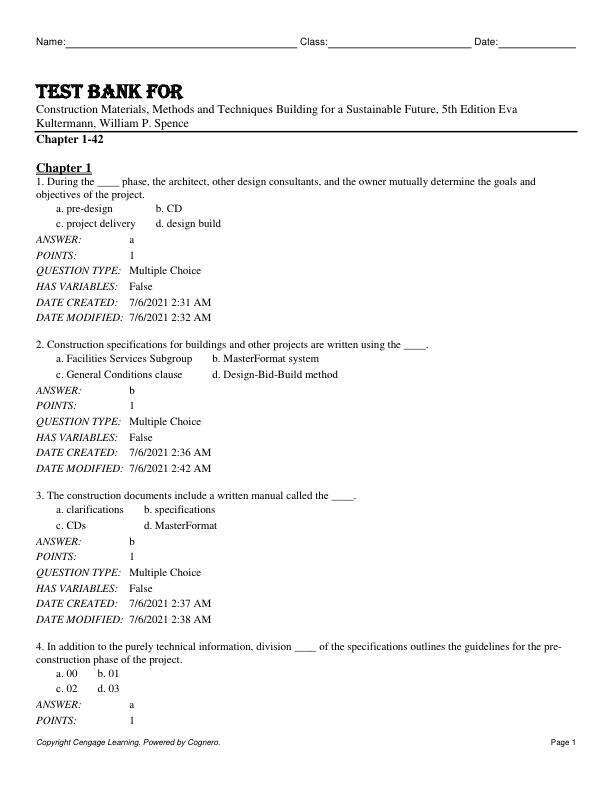 Test Bank For Construction Materials, Methods and Techniques Building for a Sustainable Future, 5th Edition by Eva Kultermann, William P. Spence Chapter 1-42