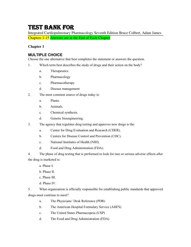 Test Bank For Integrated Cardiopulmonary Pharmacology Seventh Edition Bruce Colbert, Adam James