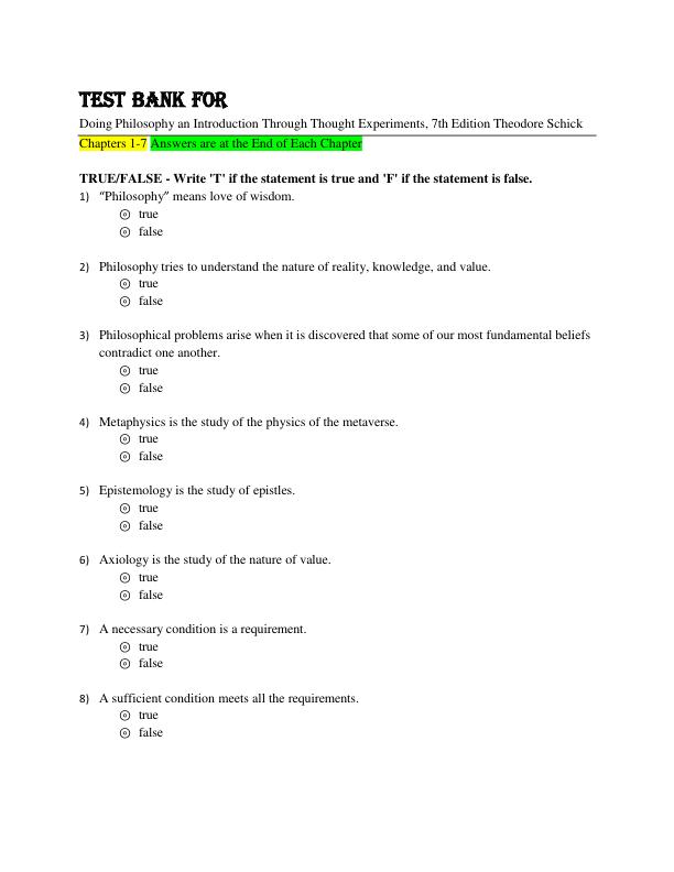 Test Bank For  Doing Philosophy An Introduction Through Thought Experiments, 7th Edition Theodore Schick