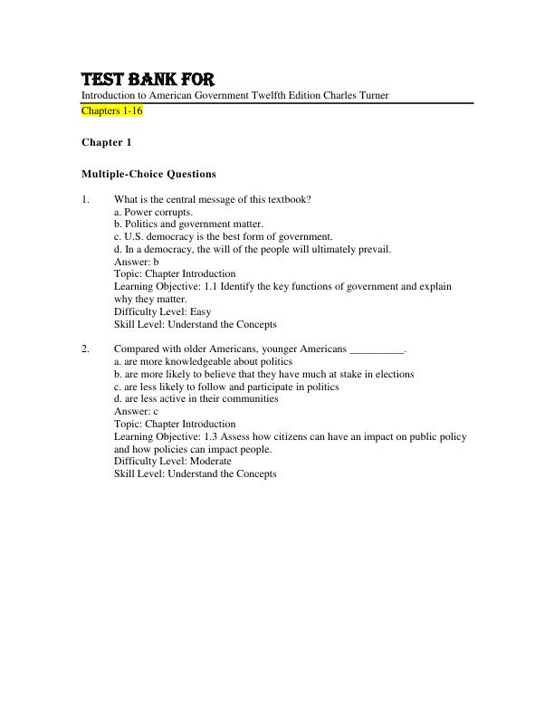 Test Bank For Introduction to American Government Twelfth Edition Charles Turner