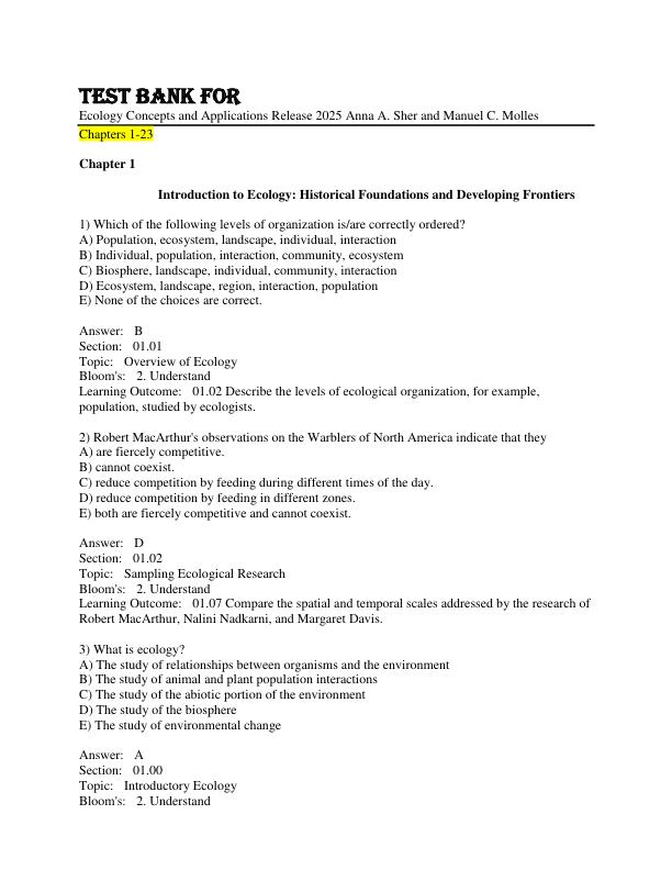 Test Bank For Ecology Concepts and Applications Release 2025 Anna A. Sher and Manuel C. Molles