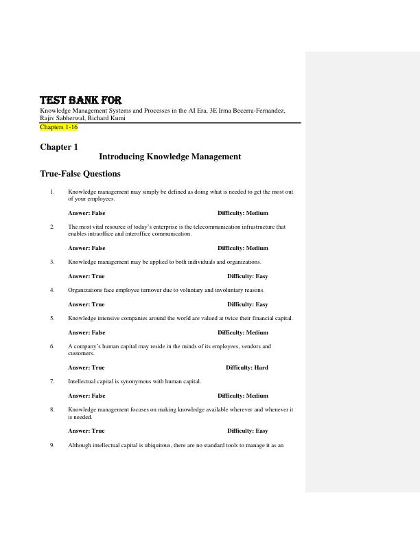 Test Bank For Knowledge Management Systems and Processes in the AI Era, 3E Irma Becerra-Fernandez, Rajiv Sabherwal, Richard Kumi