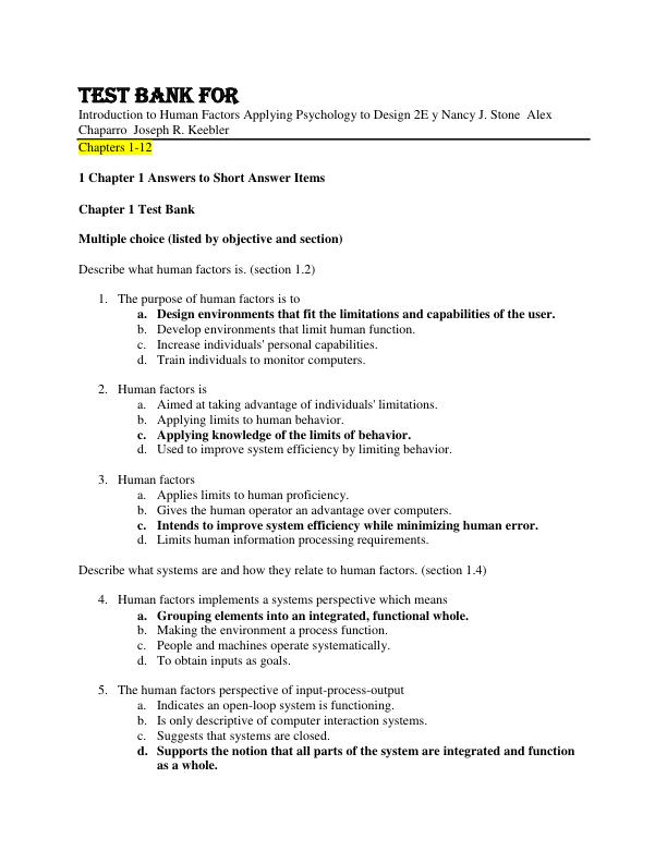 Test Bank For Introduction to Human Factors Applying Psychology to Design 2E y Nancy J. Stone  Alex Chaparro  Joseph R. Keebler