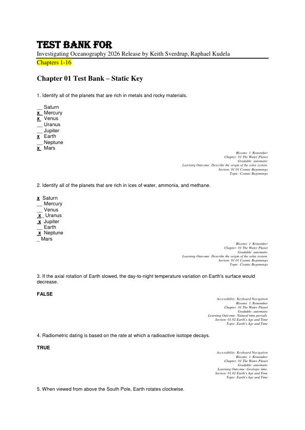 Test Bank For  Investigating Oceanography 2026 Release by Keith Sverdrup, Raphael Kudela