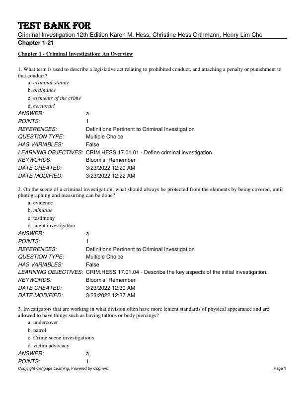 Test Bank For Criminal Investigation 12th Editionby  Kären M. Hess, Christine Hess Orthmann, Henry Lim Cho Chapter 1-21