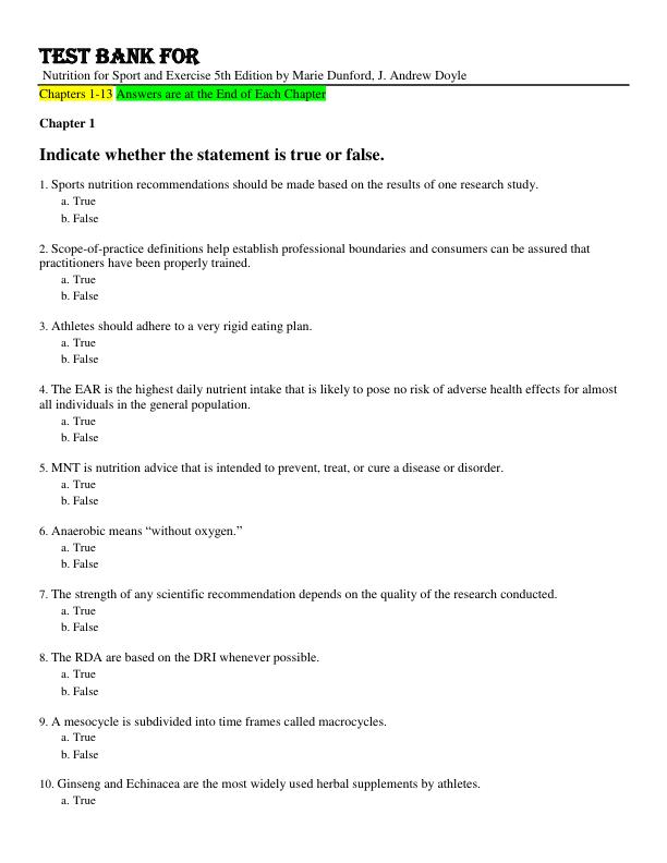 Test Bank For Nutrition for Sport and Exercise 5th Edition by Marie Dunford, J. Andrew Doyle