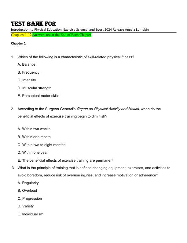 Test Bank For Introduction to Physical Education, Exercise Science, and Sport 2024 Release Angela Lumpkin