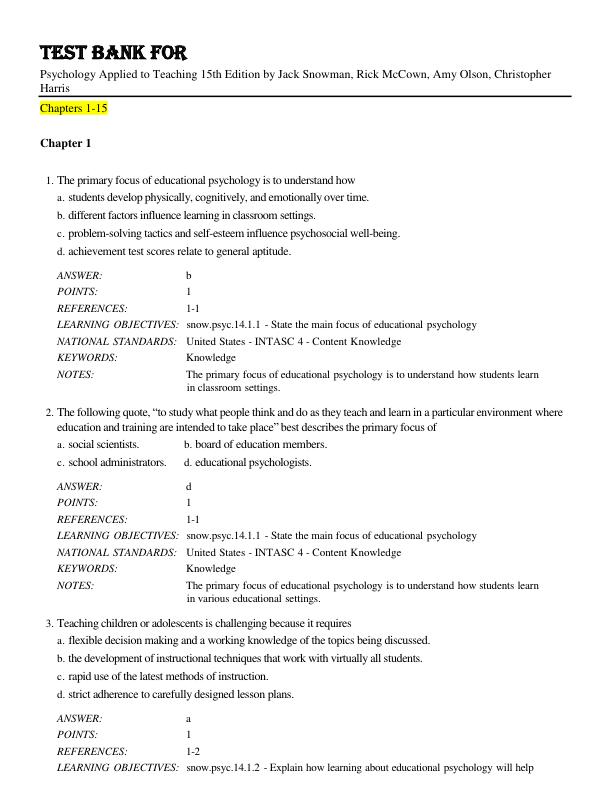 Test Bank For Psychology Applied to Teaching 15th Edition by Jack Snowman, Rick McCown, Amy Olson, Christopher Harris