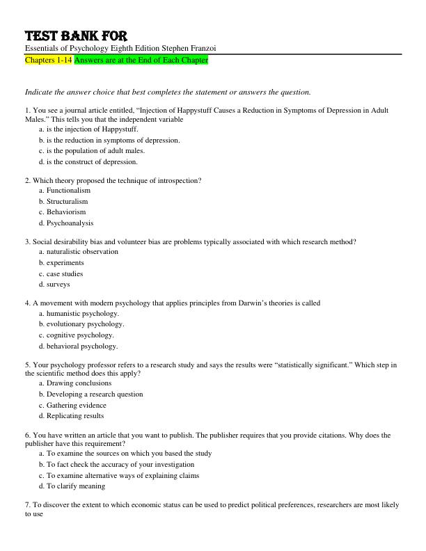 Test Bank For Essentials of Psychology Eighth Edition Stephen Franzoi