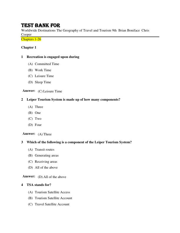 Test Bank For Worldwide Destinations The Geography of Travel and Tourism 9th  Brian Boniface  Chris Cooper