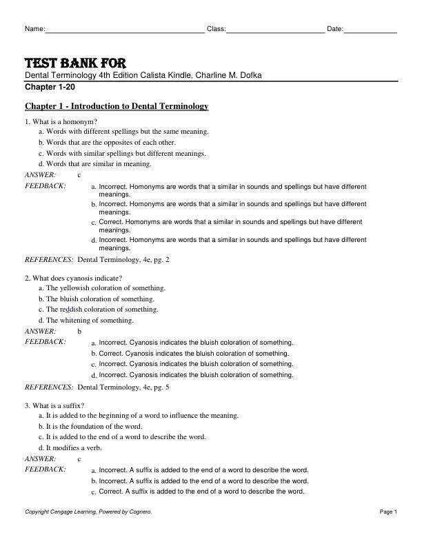 Test Bank For Dental Terminology 4th Edition by Calista Kindle, Charline M. Dofka Chapter 1-20
