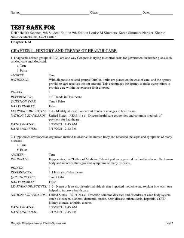 Test Bank For DHO Health Science, 9th Student Edition 9th Edition by Louise M Simmers, Karen Simmers-Nartker, Sharon Simmers-Kobelak, Janet Fuller Chapter 1-24