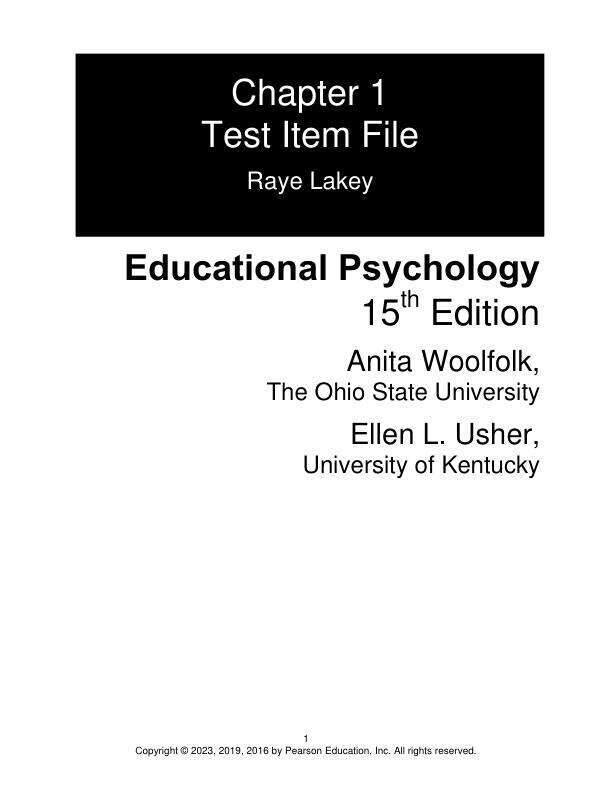 Test Bank For Educational Psychology, 15th Edition by Anita Woolfolk Ellen L. Usher Chapter 1-15