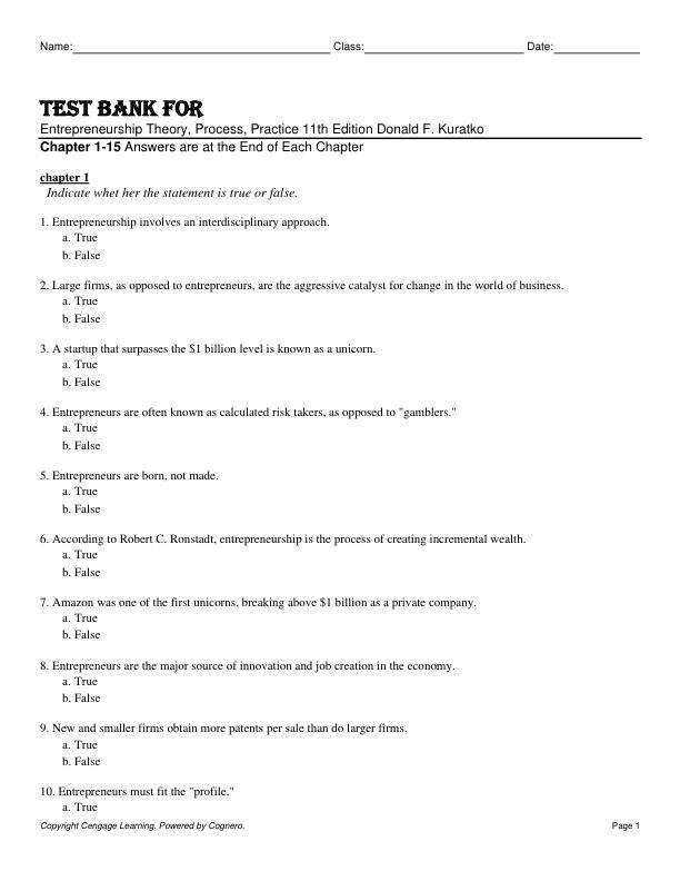 Test Bank For Entrepreneurship Theory, Process, Practice 11th Edition by Donald F. Kuratko Chapter 1-15