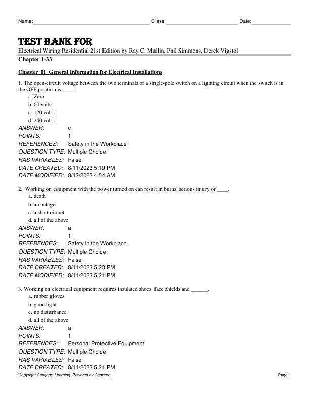 Test Bank For Electrical Wiring Residential 21st Edition by Ray C. Mullin, Phil Simmons, Derek Vigstol Chapter 1-33
