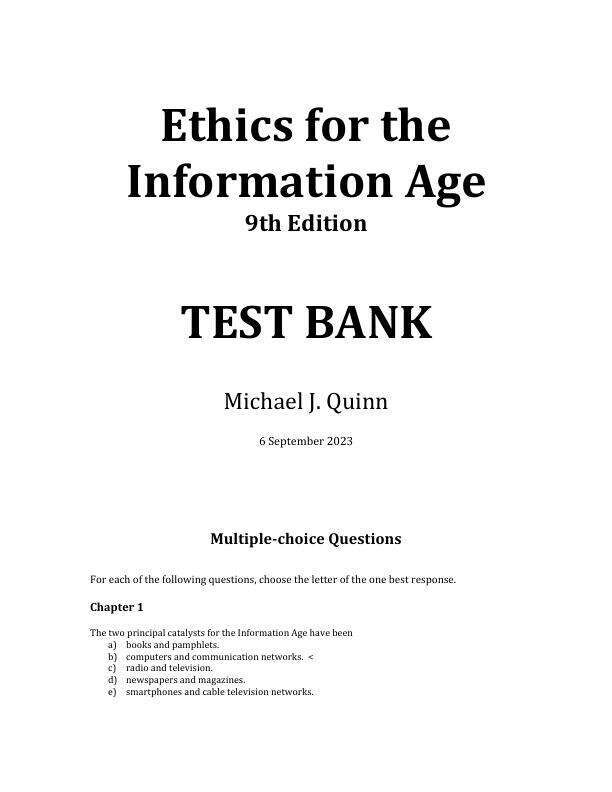 Test Bank For Ethics for the Information Age, 9th Edition by Michael J. Quinn 